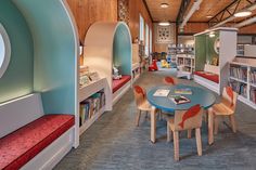 a library with tables, chairs and bookshelves