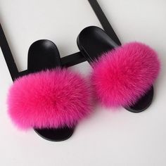 fuschia color fox fur fluffy slides slippers for ladies with black rubber soles Fluffy Pink Winter Slippers, Pink Fluffy Winter Slippers, Fluffy Pink Slippers For Winter, Pink Fluffy Slippers For Winter, Fluffy Faux Fur Flat Slippers, Fluffy Flat Faux Fur Slippers, Fluffy Faux Fur Open Toe Slippers, Pink Faux Fur Winter Slippers, Pink Faux Fur Slippers For Winter