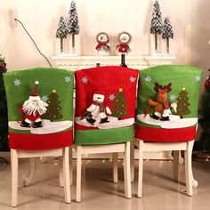 three chairs with christmas decorations on them