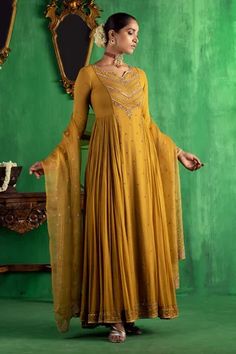 Shop for Jigar Mali Yellow Georgette Zari Embroidered Anarkali Set for Women Online at Aza Fashions Jigar Mali, Lehenga Anarkali, Anarkali Designs, Sheer Dupatta, Anarkali With Dupatta, Satin Embroidery, Haldi Outfit, Kurta Patterns, Heavy Dresses