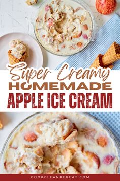 an apple ice cream dessert in a pie pan with the text super creamy homemade apple ice cream