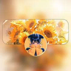 a woman with sunflowers in the background is holding her hands to her face