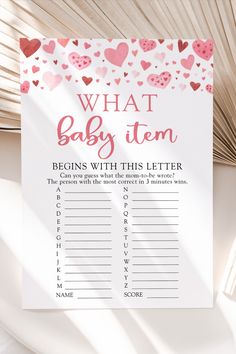 a baby shower game with hearts on it and the words, what baby ten begins with this letter