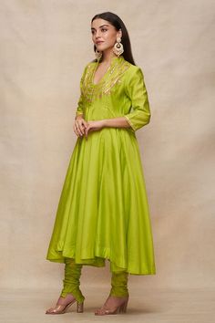 Lime green anarkali with gota embellished front and back yoke. - Aza Fashions Anarkali Patterns, Chanderi Anarkali, Green Anarkali, Churidar, Anarkali, Aza Fashion, Three Quarter, Lime Green, Types Of Sleeves