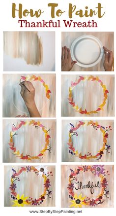 the steps to make a paper plate wreath with flowers and leaves for thanksgiving or fall