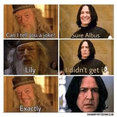 an image of wizard faces with caption that reads, can i tell you a joke? sure albus lily i didn't get it exactly