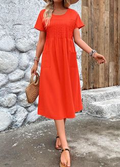 Red Non-stretch Short Sleeve Midi Dress, Red Non-stretch Casual Dress, Red Short Sleeve Midi Dress, Casual Pleated Orange Dress, Short Sleeve Red Midi Dress, Casual Orange Pleated Dress, Casual Red Non-stretch Dress, Red Vacation Dress With Pockets, Red Vacation Dresses With Pockets