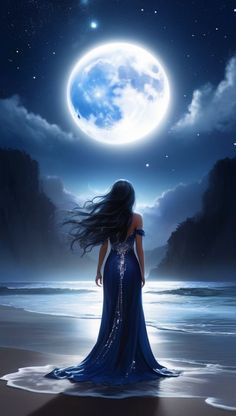 a woman in a blue dress standing on the beach looking at the moon and stars