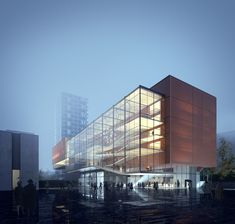 people are walking around in front of a large building with glass walls and lights on it