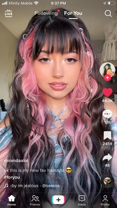 Black Hair Pink Front Strands, Hairdye Ideas With Bangs, Fun Dyed Hair Ideas, Different Styles To Dye Your Hair, Miranda Rae Hair Pink, Pink Peak A Boo Curly Hair, Two Color Hair Dye Ideas With Bangs, Draculara Hair Curly Hair, Curly Hairdye Styles