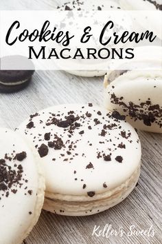 cookies and cream macarons are stacked on top of each other