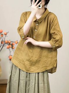 Details: Fabric: 100%Linen Size: One Size Size: Length: 60.00 cm/ 23.62 " Bust: 114.00 cm/ 44.88 " Shoulder: 41.00 cm/ 16.14 " Spring Linen Tops With Roll-up Sleeves, Linen Tops With Roll-up Sleeves, Spring Blouse With Casual Collar In Solid Color, Fall Short Sleeve Blouse With Roll-up Sleeves, Yellow Cotton Top With Casual Collar, Spring Yellow Tops With Pockets, Fall Season Collared Linen Tops, Spring Tops With Roll-up 3/4 Sleeves, Spring Workwear Tops With Casual Collar