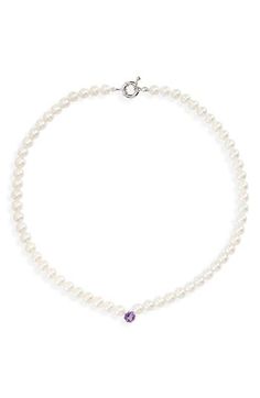 A sparkling, faceted amethyst is surrounded by freshwater pearls, forming a gorgeous handcrafted necklace that is a timeless addition to your collection. 18 1/2" length Pearl size: 7.5–8mm Sterling silver/freshwater pearl/amethyst/rhodium plate Made in the USA of imported materials White Akoya Pearl Necklace With Gemstone, Purple Pearl Single Strand Jewelry, Purple Single Strand Pearl Jewelry, Purple Pearl Pendant Jewelry, Purple Pearl Drop Jewelry, Purple Single Strand Pearl Necklace, Purple Amethyst Jewelry With Pearl Pendant, Pearl Amethyst, Handcrafted Necklace