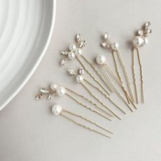 Pearl Hair Pins These bridal hair pins are available in Gold, Silver, and Rose Gold  Please note that all my creations are handmade and there will be slight variations from each piece. I do however try to do my best to keep the designs close to the original photographs. Feel free to message me if you have any questions or if you would like a custom order.  I can accommodate most rush orders so please check with me if you need something sooner. To visit more of my creations, just click the link: Wedding Low Buns, Pearl Headpiece Wedding, Pearl Hair Pin Wedding, Pearl Wedding Hair, Headpiece Wedding Hair, Bridal Hairpiece, Gold Hair Comb, Bridal Hair Headpiece, Hair Comb Bridal