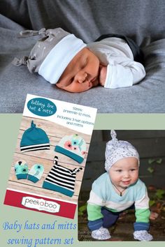 the baby hat and mitts sewing pattern set is available in two sizes, including one for