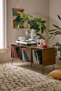 a record player sitting on top of a wooden shelf next to a potted plant