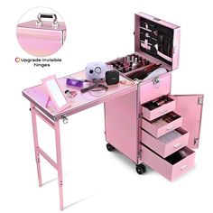 Portable Lockable Rolling Makeup Station Mobile nail desk built-in or portable Speakers(Bluetooth or USB), Mirror and Drawers, made of fire-retardant material and strong aluminum structure, keep all your cosmetics and salon equipped. safe and organized. Serve your customers. Features: Expandable floor-standing table with foldable design for use as a trolley case or manicure workstation Equipped with 360° swivel removable wheels that can be easily moved anywhere and changed easily Portable speake Beauty Box Gift, Makeup Basket, Rolling Makeup Case, Nail Desk, Mobile Nails, Makeup Station, Makeup Train Case, Portable Speakers, Unicorn Colors