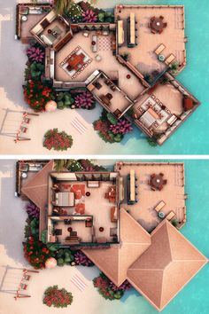 an aerial view of a beach house from above and below, with two views of the ground level