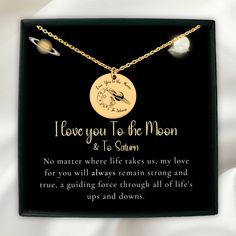 Experience the enchanting world of "Seven" with this exquisite necklace and message card, personalized just for you. Featuring a beautiful Moon and Saturn charm, this necklace is a perfect gift for any fan who loves the song "Seven." You can make it even more special by adding a personalized quote, message, date, or coordinates on the back. Imagine the joy on her face when she opens this gift and discovers the personalized necklace along with the heartfelt message - it's sure to make her feel lo Personalized Moon-shaped Jewelry Gift, Engraved Moon Necklace For Gift, Personalized Moon Shaped Necklace For Mother's Day, Customized Inspirational Necklace For Gift, Customized Inspirational Necklace For Gifts, Mother's Day Jewelry With Moon Charm, Mother's Day Moon Charm Jewelry Gift, Mother's Day Gift Jewelry With Moon Charm, Mother's Day Gift Moon Charm Necklace