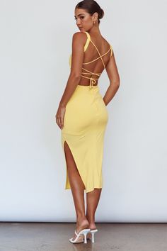 Shop the Dream Crush Lace-Up Back Side Split Midi Dress Lemon | Selfie Leslie Summer Engagement Dress, Summeroutfit Women, Lemon Color, Selfie Leslie, Yellow Midi Dress, Blue Bridesmaids, Date Night Dresses, Clothing Tags, Mini Dress Casual