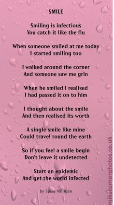 a poem written in the rain on pink paper with water droplets and words that say smile