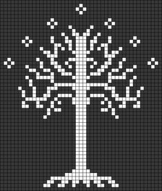 a cross - stitch pattern of a white tree on a black background is shown in the shape of a square