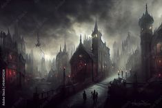 a painting of people walking down a dark city street