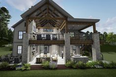 Greet neighbors and watch the world go by on the porch of this Transitional Craftsman home plan. Once past the threshold, a vaulted ceiling continues through the foyer, living room, and rear covered deck.  The living room opens to the adjacent kitchen and dining room. A large island includes an eating bar for casual meals and a nearby walk-in pantry provides ample storage space. The right side of the house is for the owners, with a grand master suite and a home office, study, or den. House Plans Craftsman Open Floor, Craftsman Lake House Plans, House Plans With Lots Of Windows, Bardiminium House Plans, House Plans With Prep Kitchen, Mountain Home House Plans, Walkout House Plans, Modern Lake House Plans, Lake House Plans Open Floor