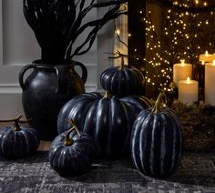 Faux Black Pumpkins & Gourds | Pottery Barn Black Painted Pumpkins, Party Food Sides, Black Pumpkins, Pottery Barn Halloween, Halloween Chic, Elegant Candle Holders, Holiday Decor Halloween, Home Decor Halloween, Black Pumpkin