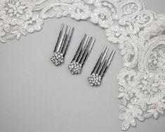 The perfect minimalist accent, these mini combs feature Austrian crystals and tiny glass pearls! Sold in sets of three. rhodium plated copper Austrian crystals glass pearls  the decoration is .5 inches by .5 inches comb is 1.5 inches Bridal Hair Comb, Austrian Crystal, Bridesmaid Jewelry