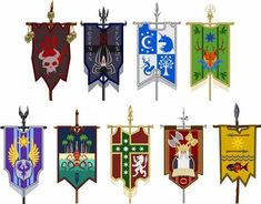 several different types of flags hanging from poles with swords and spears on them, all decorated in various colors