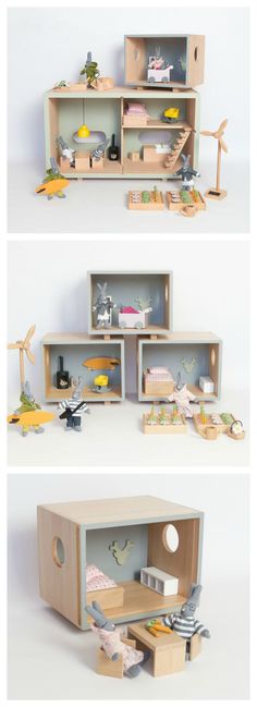 three different views of a toy house made out of wood and plywood with furniture