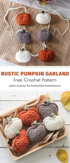 crocheted pumpkins are on display in a wooden box with the text, rustic pumpkin garland free crochet pattern