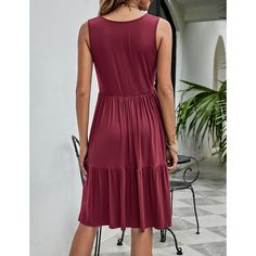 Burgundy Cotton Blend U Neck Sleeveless Button Tank Dress Solid Sleeveless Dress With Buttons, Sleeveless Dress With Buttons, Sleeveless Buttoned Midi Dress Casual, Casual Sleeveless Midi Dress With Buttons, Dress Outline, Women Dresses Casual, High Waist Maxi Dress, Long Flowy Skirt, Red Fits