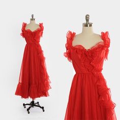 Vintage 70s red ruffle chiffon gown dress by CALIVINTAGEUSA on Etsy Vintage Summer Cocktail Evening Dress, Vintage Summer Evening Dress For Formal Occasions, Vintage Chiffon Maxi Dress, Vintage Chiffon Maxi Length Dress, Vintage Summer Formal Evening Dress, Vintage Summer Wedding Evening Dress, Red Ruffled Floor-length Maxi Dress, Red Sleeveless Vintage Dress For Party, Red Sleeveless Vintage Party Dress