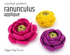 three crochet flower appliques in different colors