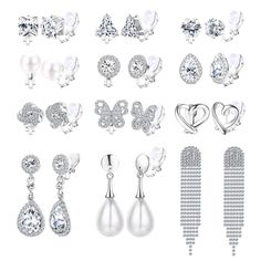 PRICES MAY VARY. 【Elegant Clip On Earrings Set】You will receive 12 pairs of dainty unpierced earring clips in a package, including cubic zirconia clip on earring, simulated freshwater pearl clip earrings, round halo clip on earring, teardrop cz clip earrings, twisted knot clip earring, butterfly crystal clip on earring, love heart clip on earring, long rhinestone tassel clip on earring, drop pearl clip on earring and ect. 【Non Pierced Earring clips 】These fancy clip-on earrings are perfect for t Cheap Sterling Silver Clip-on Earrings, Earring Butterfly, Earrings Pack, Earring Long, Non Pierced Earrings, Formal Earrings, Heart Clip, Butterfly Crystal, Long Chandelier