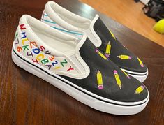 Hand painted canvas shoes designed for teachers Canvas Painted Shoes, Painted Things, Slip On Vans