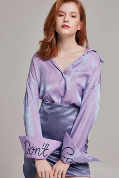 Jacqueline Iridescent Button-up Blouse | Oroshe Light Purple Fashion, Festival Ootd, Purple Fits, Women Fashion Edgy, Metal Fashion, Colors Purple, Satin Blouses, Estilo Chic, Blouse Work