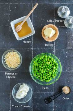 the ingredients to make this dish include peas, cheese and butter