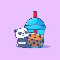 a cartoon panda bear sitting next to a bottle of water and a piece of cake