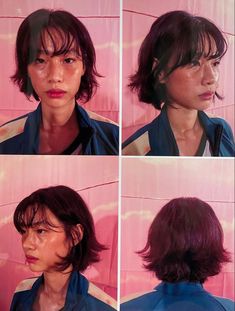 four pictures of a woman with short hair and blue shirt, in front of a pink wall