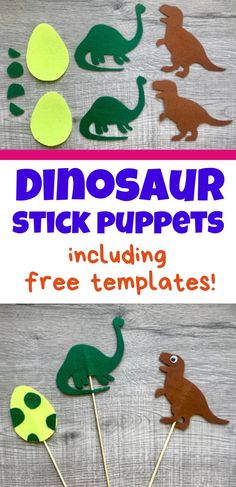 dinosaur stick puppets with free printable templates for kids to use on the table