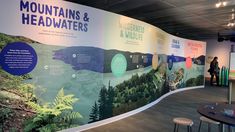 there is a large wall with information about mountains and headwaters in the center