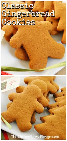 some cookies that have been cut into shape and are sitting on a plate with the words classic gingerbread cookies