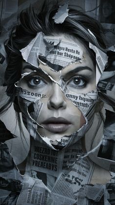 a woman's face is torn up into pieces with newspaper pages all over her