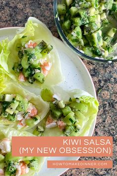 three lettuce wraps with shrimp and broccoli in them on a plate