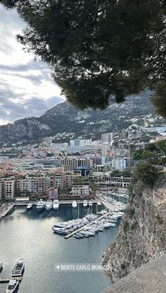 boats are docked in the water next to some buildings and trees with mountains in the background