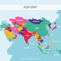 a map of asia with all the countries and their major cities on it's borders