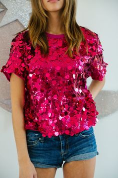 PINK SEQUIN TOP TOP Judith March Sequin Short Sleeve Party T-shirt, Spring T-shirt With Sequins And Short Sleeves, Fitted Sequin T-shirt For Summer, Pink Glamorous Top With Contrast Sequin, Pink Glamorous Tops With Contrast Sequin, Spring Disco Shimmer Tops, Disco Shimmer Tops For Spring, Glamorous Pink Top With Contrast Sequin, Pink Sequin Top For Night Out